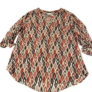 Maurices Multicolor Diamond Print Blouse Adjustable Sleeves Size XXL